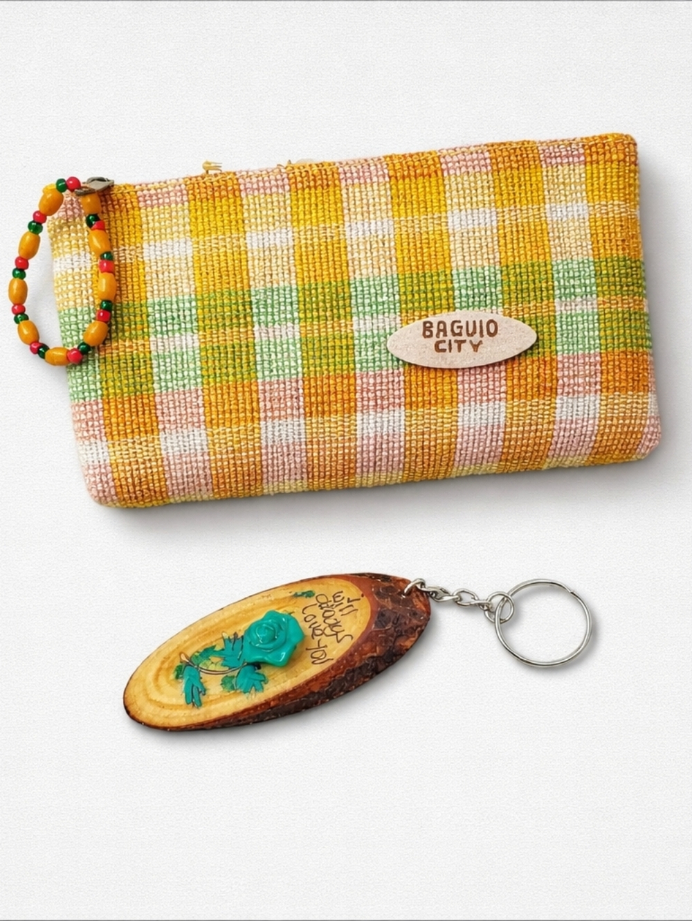 Key Ring and Yellow Plaid Lined Cosmetic Bag NWOT